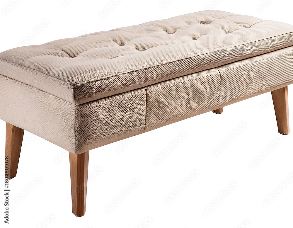 Fototapeta premium Bench with wooden legs and light beige upholstery on a white background
