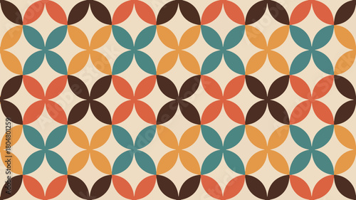 Retro floral pattern in orange, brown, teal, and beige color scheme