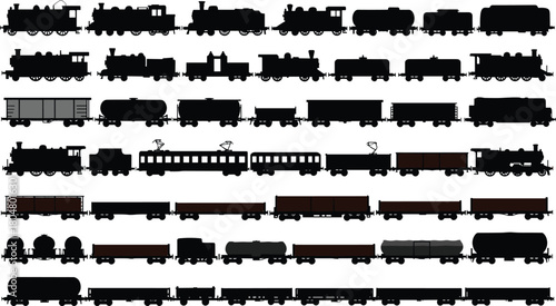 Train silhouettes, steam locomotives, freight cars, passenger wagons, tankers, cabooses, railway icons, vintage transport, cargo trains, rail vehicles, transportation