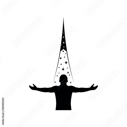 Silhouette of a person with arms outstretched with a cone of stars above their head symbolizing inspiration and cosmic connection.