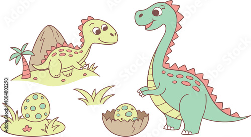 Vector illustration of dinosaurs including Stegosaurus, Velociraptor, Triceratops, Tyrannosaurus rex, Spinosaurus, Brontosaurus, and Pterosaurs.a cute cartoon vector illustration
