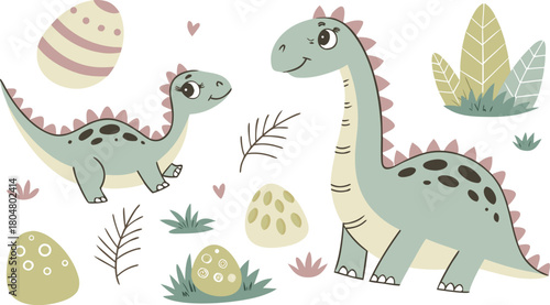 Vector illustration of dinosaurs including Stegosaurus, Velociraptor, Triceratops, Tyrannosaurus rex, Spinosaurus, Brontosaurus, and Pterosaurs.a cute cartoon vector illustration
