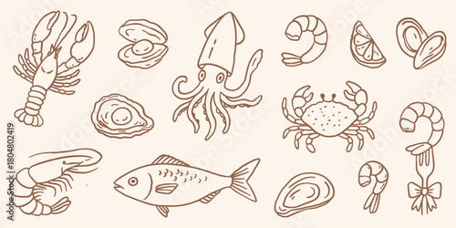 Hand-drawn seafood vector set — lobsters, shrimps, crab, squid, fish, oysters, mussels and lemon slices. Cute outline illustrations for menus, packaging, stickers and restaurant branding