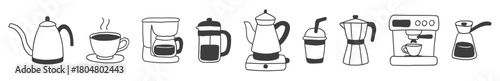 Minimalist hand-drawn coffee makers and cups set — kettles, espresso machine, moka pot, French press, drip brewer, and to-go cup. Perfect for café branding, menus, stickers, and packaging