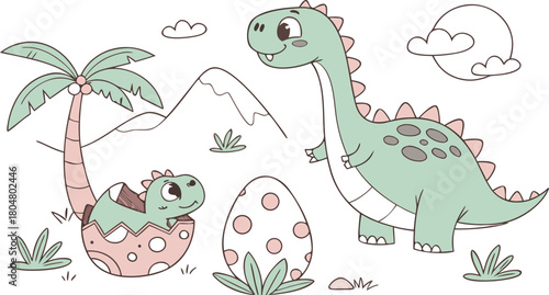 Vector illustration of dinosaurs including Stegosaurus, Velociraptor, Triceratops, Tyrannosaurus rex, Spinosaurus, Brontosaurus, and Pterosaurs.a cute cartoon vector illustration