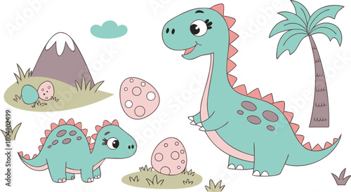 Vector illustration of dinosaurs including Stegosaurus, Velociraptor, Triceratops, Tyrannosaurus rex, Spinosaurus, Brontosaurus, and Pterosaurs.a cute cartoon vector illustration