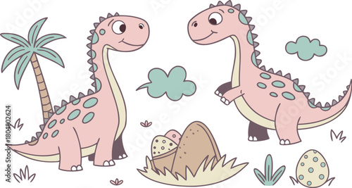 Vector illustration of dinosaurs including Stegosaurus, Velociraptor, Triceratops, Tyrannosaurus rex, Spinosaurus, Brontosaurus, and Pterosaurs.a cute cartoon vector illustration