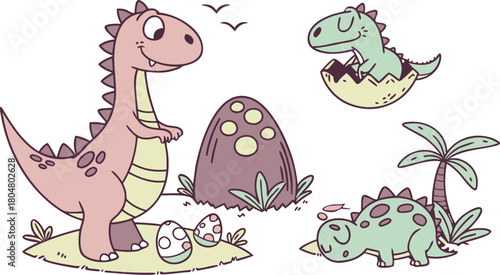 Vector illustration of dinosaurs including Stegosaurus, Velociraptor, Triceratops, Tyrannosaurus rex, Spinosaurus, Brontosaurus, and Pterosaurs.a cute cartoon vector illustration