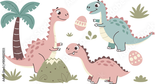 Vector illustration of dinosaurs including Stegosaurus, Velociraptor, Triceratops, Tyrannosaurus rex, Spinosaurus, Brontosaurus, and Pterosaurs.a cute cartoon vector illustration
