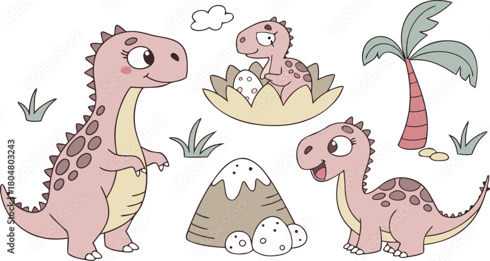 Naklejka premium Vector illustration of dinosaurs including Stegosaurus, Velociraptor, Triceratops, Tyrannosaurus rex, Spinosaurus, Brontosaurus, and Pterosaurs.a cute cartoon vector illustration
