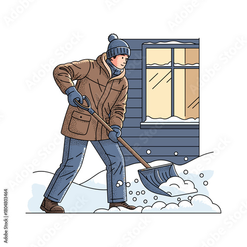 Man shoveling snow in winter with a lit window in the background  