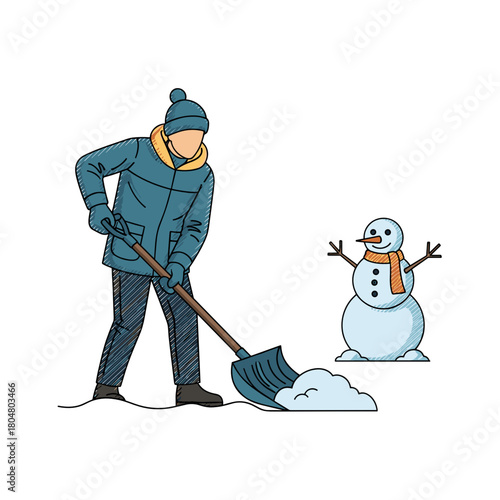 Person shoveling snow while a snowman stands nearby in winter  