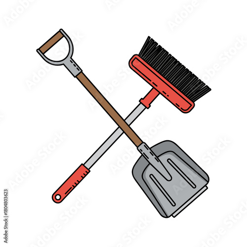 Shovel and snow brush crossed in winter maintenance tools   