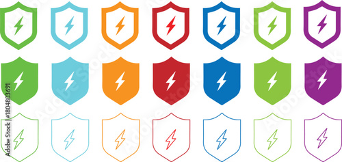 Colorful set of lightning bolt shield icons for electrical power security system protection safety warning signs or danger prevention concept vector