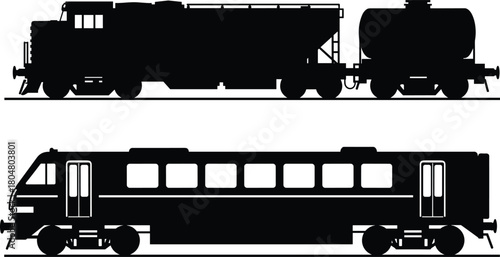 Train, silhouette, locomotive, hopper, tank, passenger, railcar, black, white, transport, freight, railway, cargo, icon, vehicle, track, industrial, travel, graphic, transportation