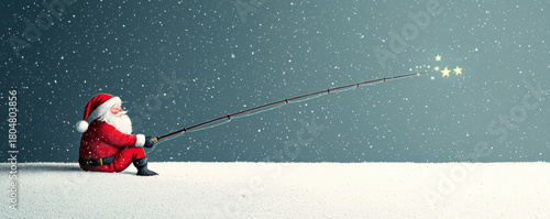 Santa in red suit sits on snowy ground fishing for glowing stars under magical christmas night sky with falling snowflakes