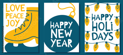 Christmas and New Year Greeting Cards Set with lettering, ice skates, ornament and glowing lights