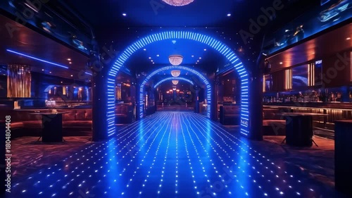Nightclub interior, lit archway, blue neon, plush seating, atmospheric, dark