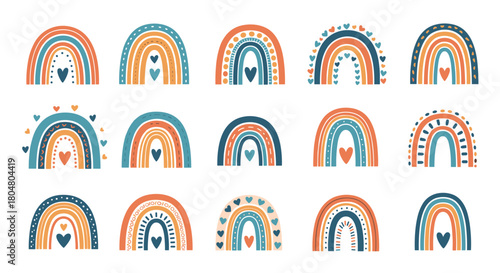 Collection of colorful boho rainbows with hearts and dotted patterns on a white background.