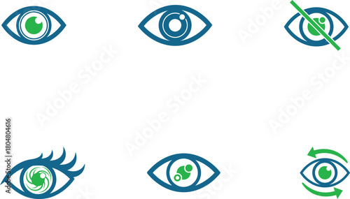 Collection of stylized eye icons representing vision and concepts with various designs and colors for graphic designs and illustrations related to eyesight perception