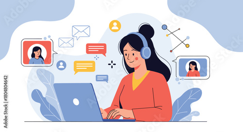 Young woman wearing headphones and working on a laptop with chat bubbles and icons around her.