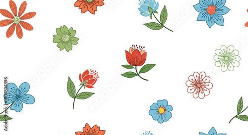 Seamless pattern of colorful hand-drawn flowers on a white background.