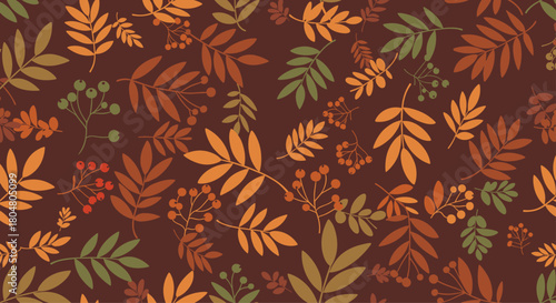 Seamless autumn pattern with falling leaves and berries in warm earth tones.