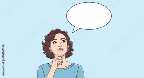 Thoughtful woman with curly brown hair looking up at an empty thought bubble.
