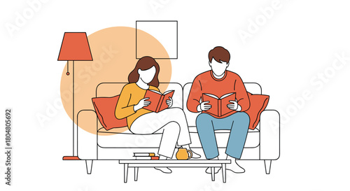 A couple reading books together on a comfortable sofa in a living room with a floor lamp.
