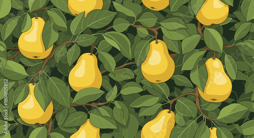 Seamless pattern of ripe yellow pears hanging from branches with green leaves.