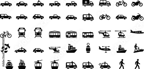 Transportation and activity icon set, black silhouette vector, cars, bikes, boats, helicopters, pedestrians, travel symbols, public transit, mobility design