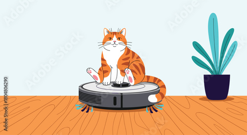 Cute cartoon cat sits on a robotic vacuum cleaner on a wooden floor next to a potted plant.