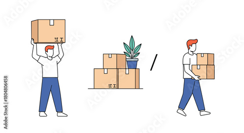 Man holding a box above his head, a stack of boxes with a plant, and a man carrying boxes.