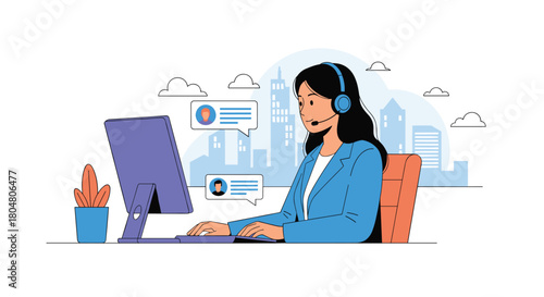 Woman wearing headset working on computer in office with city skyline in background.