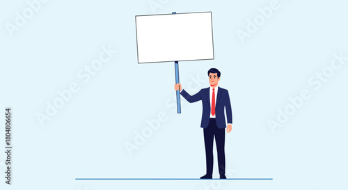 Man in a suit holding a blank sign on a pole against a light blue background.