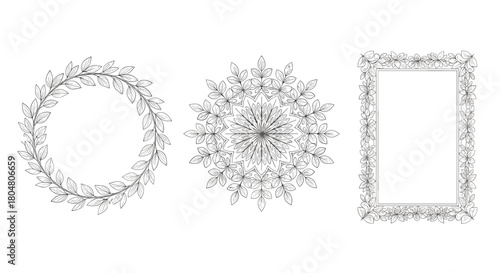 Three elegant floral ornamental borders for design: a circular wreath, a starburst, and a rectangular frame.