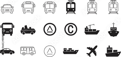 Transport icons, car, bus, tram, train, cargo ship, airplane, symbol set, black silhouette, vector illustration, travel elements