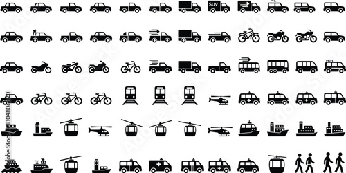 Transportation icon set, black silhouette vector, cars, bikes, buses, trains, boats, helicopters, pedestrians, travel symbols, mobility design, vehicles