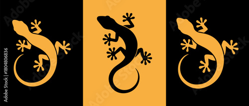 Three gecko silhouettes in orange and black representing a repeating pattern and symmetry
