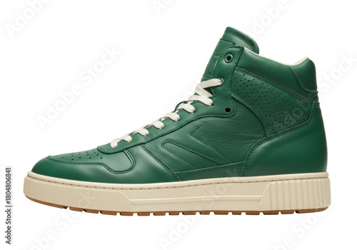 Isolated high top leather sneaker for men, trendy athletic shoe in dark green color