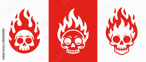 Three stylized skulls with flames erupting from their heads against a bold red and white background