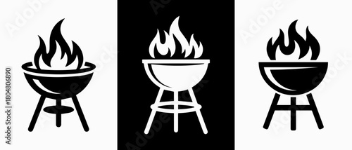 Three barbecue grills with flames in black and white and contrasting backgrounds