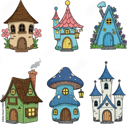 Set of whimsical fantasy cartoon fairy tale houses