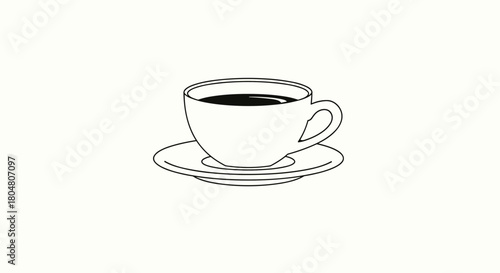 A simple black and white line drawing of a coffee cup and saucer with dark coffee inside.
