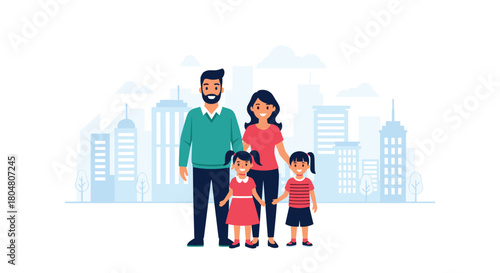 A happy family of four stands together in front of a city skyline with cartoon buildings.
