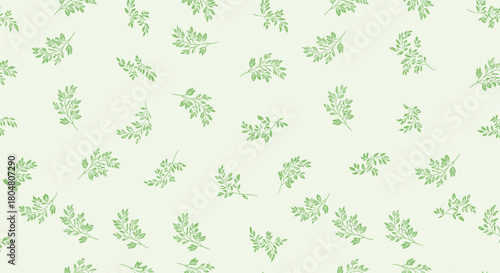 Light green branches with leaves scattered across a pale green background, seamless pattern.