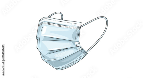 Close up illustration of a light blue disposable surgical mask with ear loops on a white background.