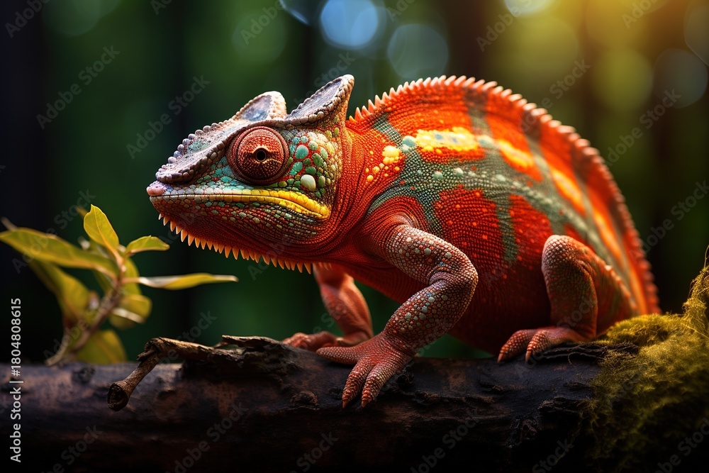 Obraz premium A colorful chameleon is sitting on a branch. The bright colors of the lizard make it stand out against the green leaves. The scene is peaceful and serene