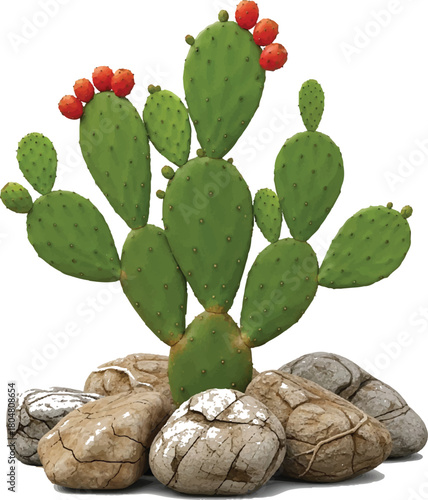 Prickly Pear Cactus with Fruit and Rocks