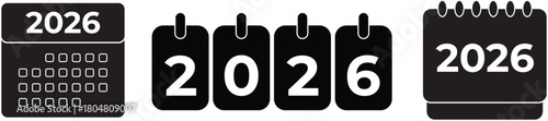 A collection of three black vector icons representing the year 2026 as a calendar page, a flip countdown timer, and a spiral-bound calendar, symbolizing time, planning, and the future year